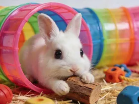 Dwarf rabbit with tunnel and chew block at Bopets