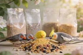 Pet birds eating seed mix at Bopets