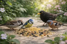Garden birds eating seed mix at Bopets